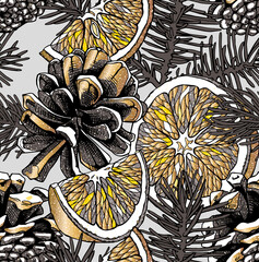 Seamless Christmas wallpaper pattern. Different gold woody cones with Conifer branches and slices of orange on a gray background. Textile composition, hand drawn style print. Vector illustration.