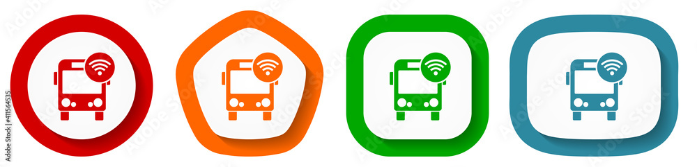 Leinwandbilder Bus with wifi vector icon set, flat design buttons on white background for webdesign and mobile phone apps