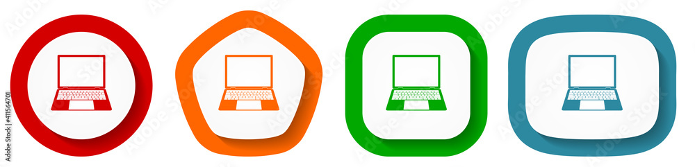Poster Open notebook, laptop, mobile computer vector icon set, flat design buttons on white background for webdesign and mobile phone apps