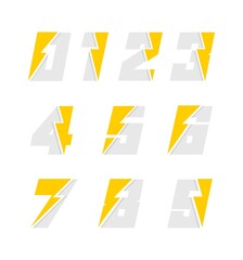 Set of number with lightning flash power icon