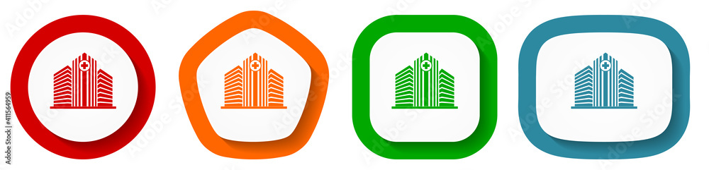 Fototapete Hospital building vector icon set, flat design buttons on white background for webdesign and mobile phone apps