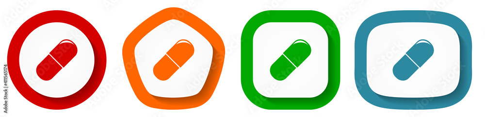 Aufkleber Drugs vector icon set, flat design buttons on white background for webdesign and mobile phone apps