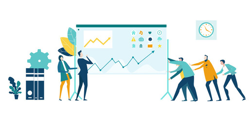 Business people having discussion in front of screen with growth charts and bars and make decisions regarding investments, new start up, project of developing program