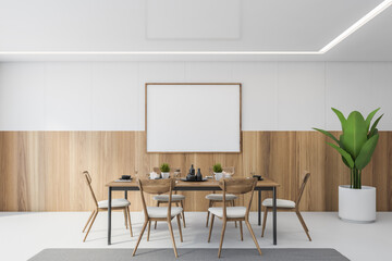 Mockup frame in white and wooden dining room with chairs and dishes on table