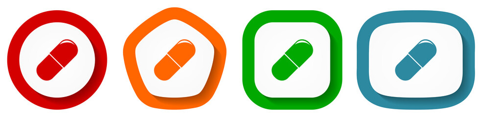 Drugs vector icon set, flat design buttons on white background for webdesign and mobile phone apps