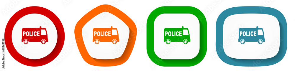 Poster police vector icon set, flat design buttons on white background for webdesign and mobile phone apps