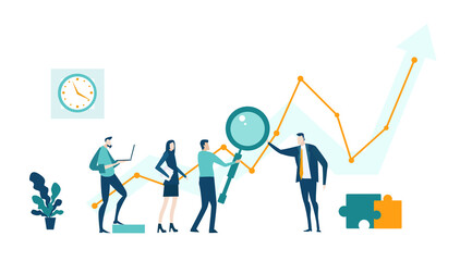 Business people having discussion in front of screen with growth charts and bars and make decisions regarding investments, new start up, project of developing program