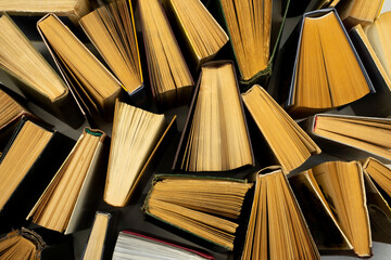 Naklejka premium Book background. Old books in the library. Bookshelf shop. Knowledge, publications, literature. Bookish, bookstore, bookshop