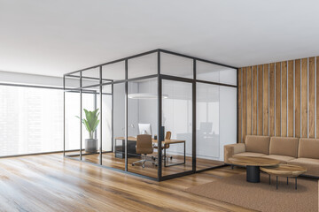 Fototapeta premium Wooden office consulting room behind glass doors near window