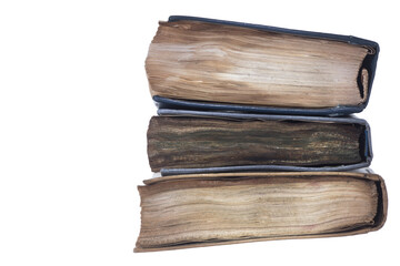stack of old ancient books isolated on white background