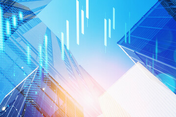 Candlestick hologram graph on low, wide angle view of glass and steel contemporary skyscrapers in...