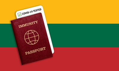 Immunity passport and coronavirus test with flag of Lithuania