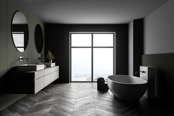 Grey and green bathroom with white bathtub, mirrors and parquet floor