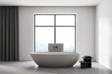 Fototapeta na wymiar Wooden light bathroom with bathtub and towels near window