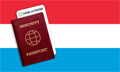 Immunity passport and coronavirus test with flag of Luxembourg