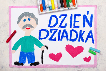 Colorful drawing: Polish Grandfather's  Day card with happy Grandpa