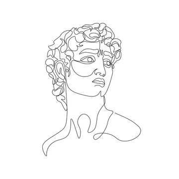 One line drawing of Michelangelo's David portrait. Abstract illustration of ancient greek classic statue in modern style for tattoo, print