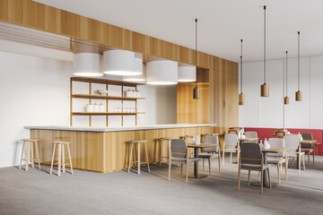 Wooden cafe with counter, table and chairs in open space restaurant