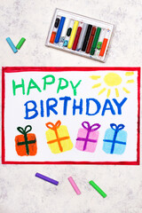 colorful drawing: HAPPY BIRTHDAY card and beautiful gifts