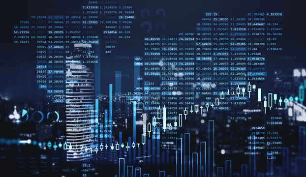 Financial chart over panoramic night Singapore city view. The concept of international consulting at Asia region. Double Exposure.