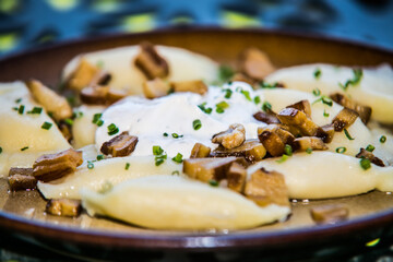 Traditional Slovak food - Bryndzove pyrohy with bacon on plate. Sheep cheese dumplings with bacon and sour cream The food in the restaurant. Food styling and restaurant meal serving.