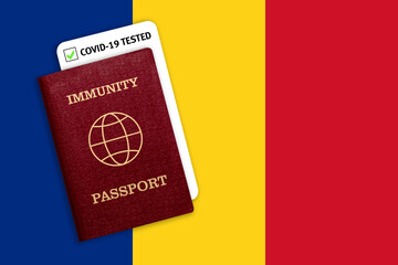 Immunity passport and coronavirus with flag of Romania