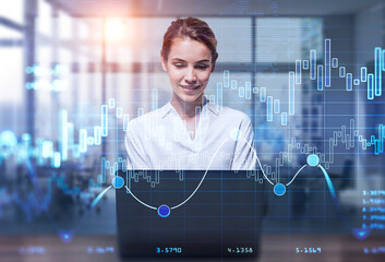 Attractive smiling business woman or stock trader analyzing stock graph chart using laptop, Portrait front view businesswoman. Buy or sell concept, double exposure graph, internet trading