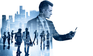 Businessman in formal suit checking stock market rates in smartp