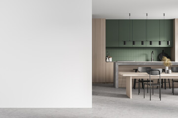 Mockup copy space in light kitchen with eating table and chairs