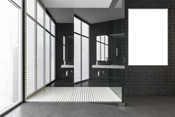 Mockup frame in black brick bathroom with shower near window