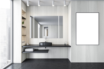 Mockup frame in black and white bathroom with sink and tiled floor