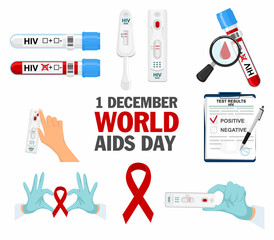A set of icons on the topic of AIDS and HIV. Hands show heart with ribbon, symbol of AIDS, HIV. World AIDS Day 1 December, red ribbon. blood test.vector - obrazy, fototapety, plakaty