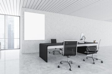 Mockup canvas in white and black office room with furniture and computer