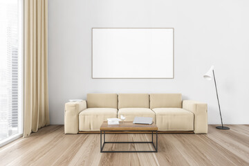 Mockup frame above beige sofa in living room near window with coffee table