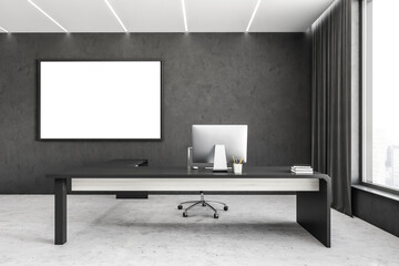 Mockup frame in black and white office room with table on marble floor