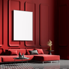 Mock up poster in the interior of the art room with a red wall and sofa. Black and white tile on floor.