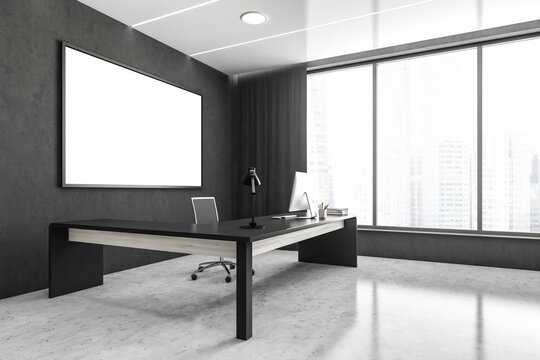 Mockup frame in black and white office room with table on marble floor