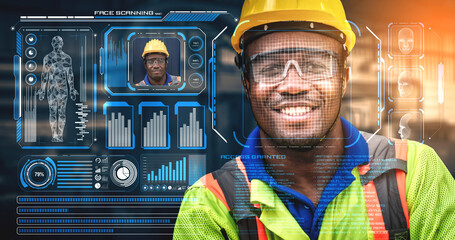 Facial recognition technology for industry worker to access machine control . Future concept...