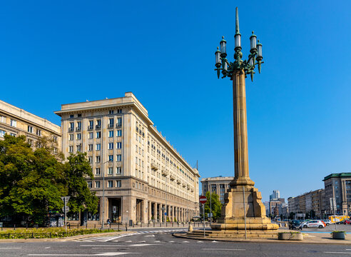 Panoramic view of  Plac Konstytucji Constitution square with communist architecture of MDM quarter in Srodmiescie downtown district of Warsaw, Poland