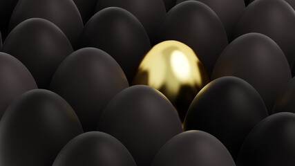 Background with easter egg of gold color surrounded by black dark eggs. Holiday season concept. 3D Rendering