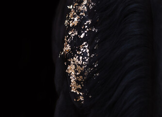Detail of horse head in studio with glitter in gold