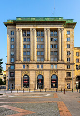 Warsaw, Poland - June 28, 2020: Piękna 36 classic communist building of MDM quarter at Constitution square and Piekna street in Srodmiescie downtown district of Warsaw, Poland