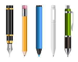 Set of realistic pens and pencils vector illustration isolated on white