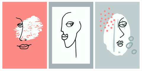 Decor printable art. Set of surreal female portraits, triptych for home interior design. Contemporary face line art for prints, posters, textile
