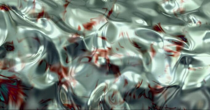 Silver liquid as mercury with red blood spot. Fluid silver background with ripples and waves . Silver luxury liquid in motion. Liquid luxury background with trasparent layer and red spot on surface