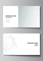 Vector layout of two creative business cards design templates, horizontal template vector design. Gray technology background with connecting lines and dots. Network concept.