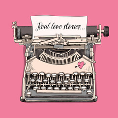 Card of a Valentine's Day. Vintage typewriter machine with paper on a pink background. Vector illustration.