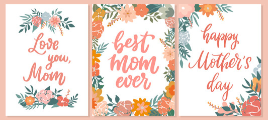 Obraz premium cute hand lettering calligraphy quote 'Love you mom' decorated with floral elements for posters, prints, cards, signs, invitations, etc