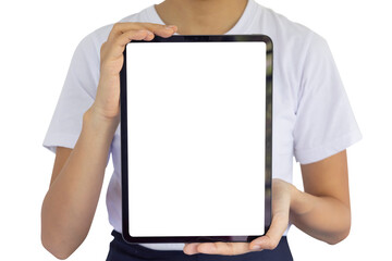 Close-up woman of hand held with digital tablet white screen on sofa in the living room. Concept of...