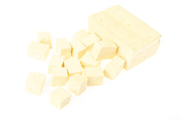 Vegetarian food. Tofu cheese on white background.